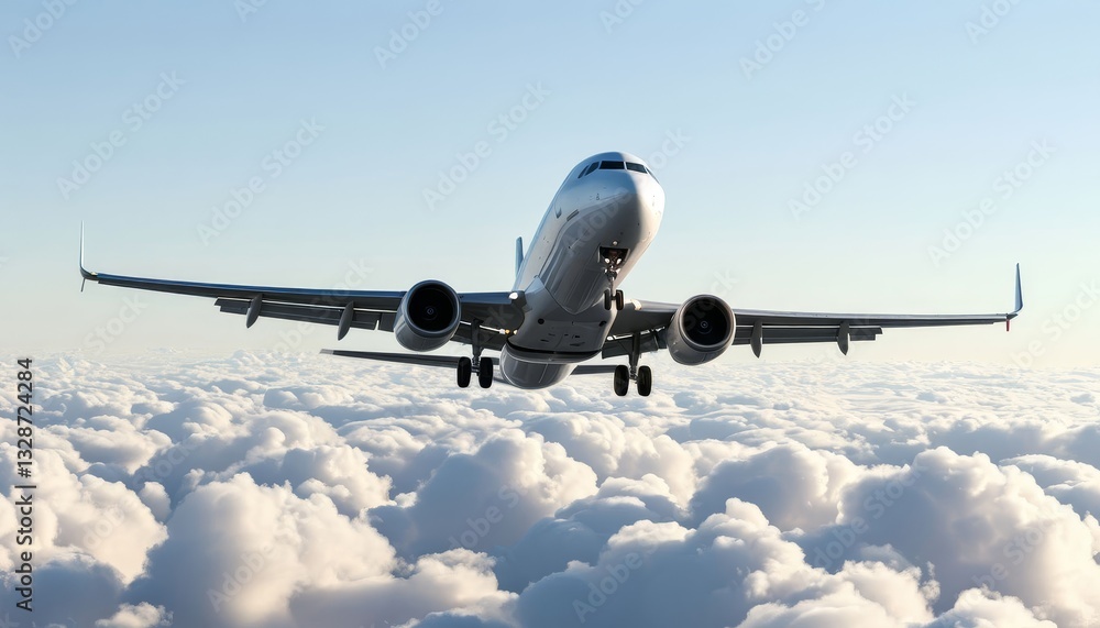 Commercial jet plane soaring above fluffy white clouds in a bright blue sky, gracefully approaching its destination airport for a smooth landing Commercial jet plane soaring above fluffy white clouds in a bright blue sky, gracefully approaching its destination airport for a smooth landing