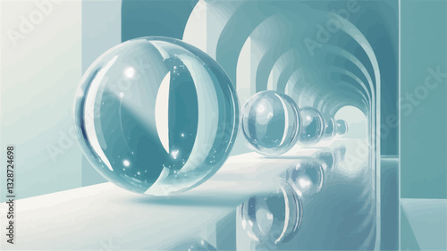 The image is a 3D rendering depicting multiple translucent glass spheres of varying sizes within a minimalist architectural space. The spheres exhibit internal reflections and refractions of light.