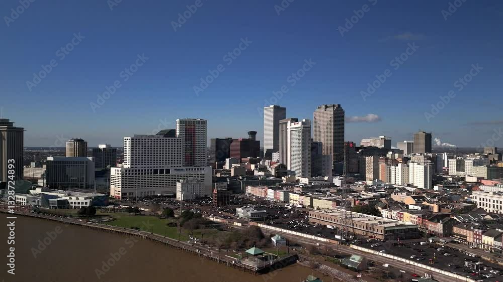 Drone view of Mississippi River with the urban skyline of New Orleans including St Louis Cathedral Drone view of Mississippi River with the urban skyline of New Orleans including St Louis Cathedral