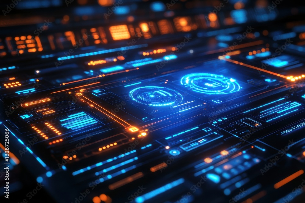 Futuristic Digital Interface with Glowing Elements and Data Visualization on Dark Background Futuristic Digital Interface with Glowing Elements and Data Visualization on Dark Background