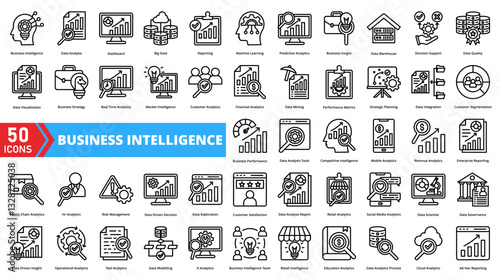 Set of business intelligence web icons in line style. Containing analytics, data, insight, reporting, strategy, visualization, metrics, dashboard, forecast, trends
