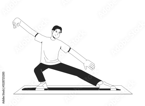 Asian man practicing tai chi for flexibility outline illustration. Qigong martial arts. Mindful guy stretching yoga pose on mat 2D line character isolated on white. Monochrome vector ink linear image