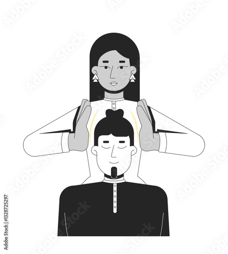 Energy healing with reiki therapy outline illustration. Eastern wellness spiritual. Asian woman healer palms pranic healing man 2D line characters isolated on white. Monochrome vector ink linear image