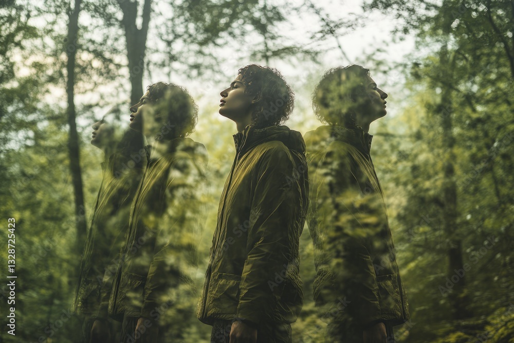 Obraz premium Man Reflects in Forest Surrounded by Lush Green Trees and Nature