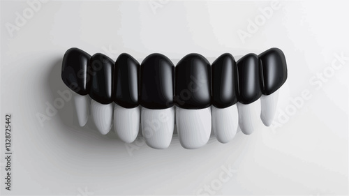 Close-up view of a stylized graphic representation of teeth. The image features a set of teeth, with the upper row rendered in black and the lower row in white. The teeth are smooth, glossy, and
