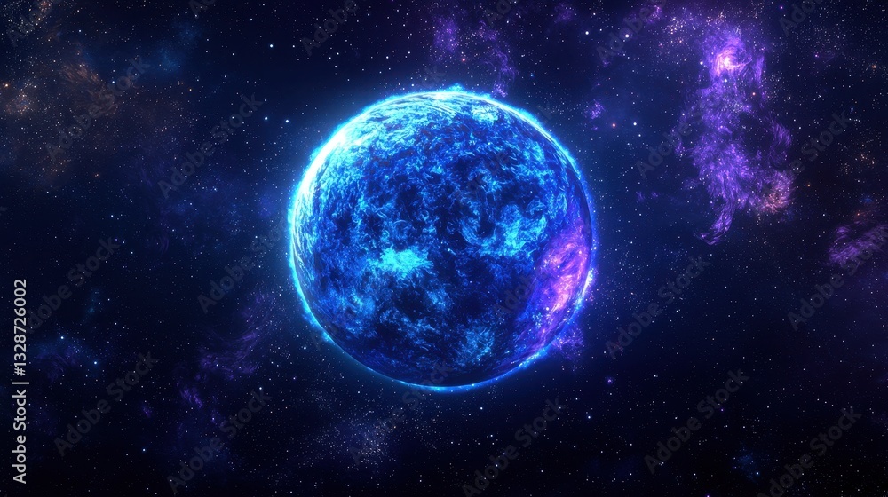 Fototapeta premium Icy Blue Exoplanet Surrounded by Distant Stars and Nebulae