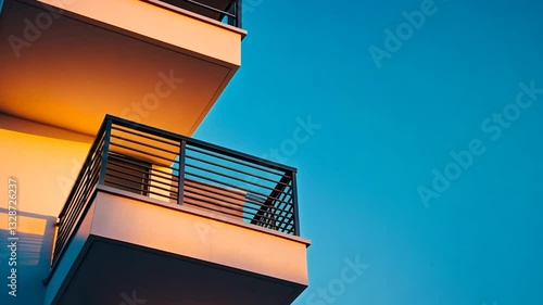 Modern apartment balcony against vibrant sky