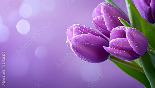 Dew-kissed purple tulips against a soft purple backdrop