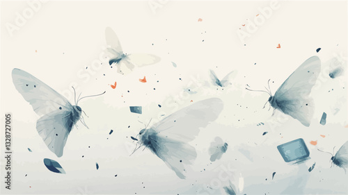 The image depicts several translucent, predominantly white and light blue moths in dynamic flight against a near-white background.  The moths are rendered in a semi-realistic style with a focus on