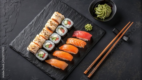 Delicious Variety of Sushi and Nigiri on a Dark Stone Plate
