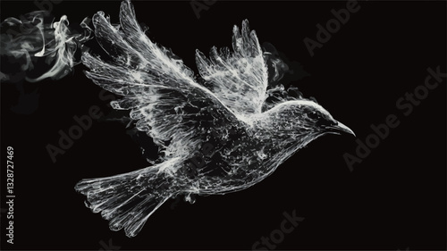 A grayscale image depicting a bird-like form composed entirely of smoke or vapor.  The form is in motion, wings outstretched in flight against a solid black background. The smoke has varying