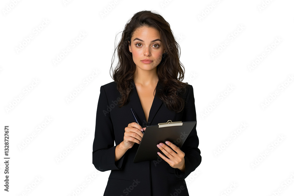 Serious businesswoman holding clipboard, isolated on transparent background Serious businesswoman holding clipboard, isolated on transparent background