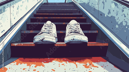 A digital illustration depicting a pair of worn white sneakers resting on the steps of an escalator. The escalator appears to be in a state of disrepair, possibly outdoors, with visible wear and