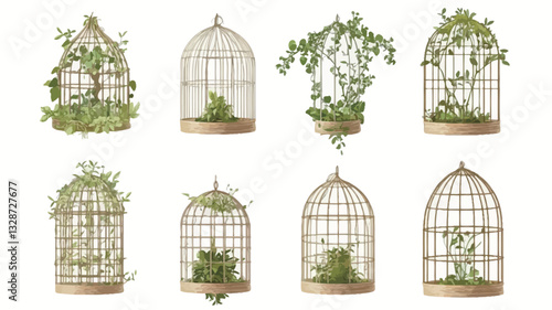 The image displays eight small, golden birdcages arranged in a grid pattern against a pure white background.  Half of the cages contain various arrangements of green plants and vines, while the