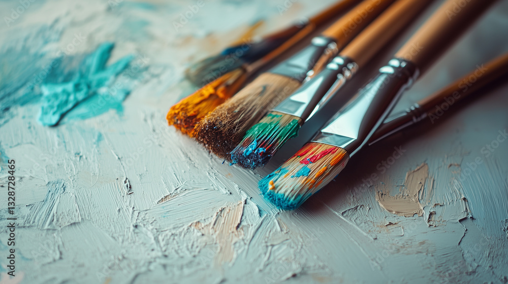 Fototapeta premium Set of Fine Artist Brushes with Colorful Paint on Canvas