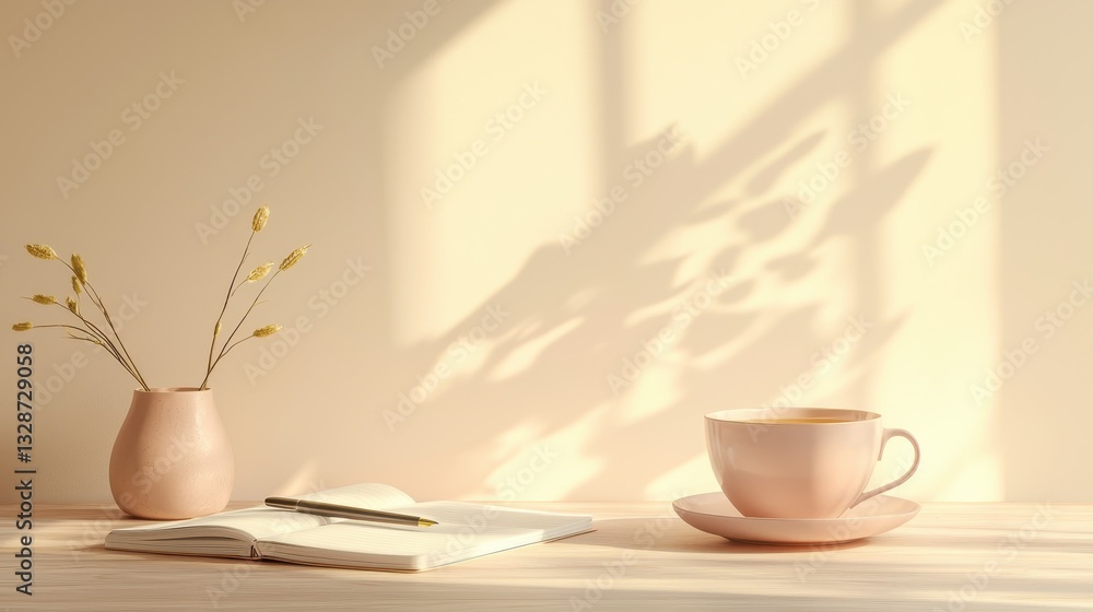 Pale Pink Teacup Sits Beside Open Journal and Pen on Desk Pale Pink Teacup Sits Beside Open Journal and Pen on Desk
