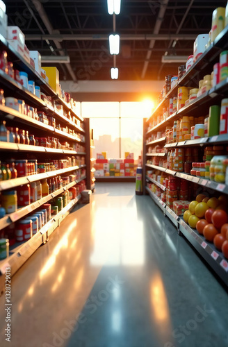 Supermarket aisle with fully stocked shelves. Shopping, consumerism, and grocery retail. Defocus.