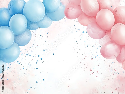 whimsical gender reveal party invitation with pastel pink and blue balloon arch shimmering confetti and delicate brush lettering on a soft watercolor background