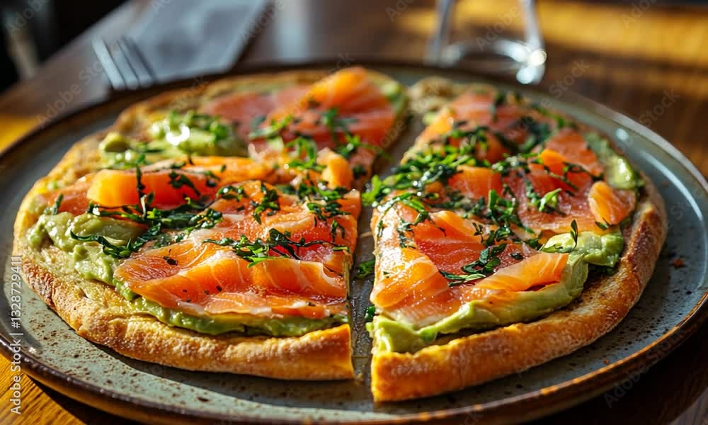 Deliciously arranged pizza topped with fresh salmon and avocado, served in a cozy restaurant setting Deliciously arranged pizza topped with fresh salmon and avocado, served in a cozy restaurant setting