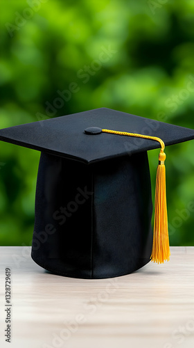 Black graduation cap with gold tassel on wooden surface, blurred green background