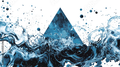 The image features a stylized dark blue triangle positioned centrally against a white background.  The triangle is overlaid and partially obscured by dynamic, swirling splashes of lighter and