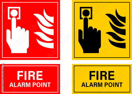 Fire emergency alarm, safety symbols on red rectangle board notification sign for pictograms, icon, label, logo or package industry etc. flat style vector design.