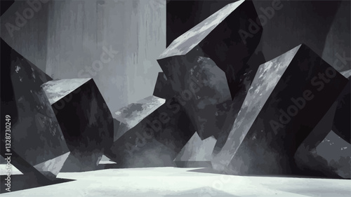 The image is a grayscale photograph or digital rendering depicting a collection of dark, irregular geometric shapes, primarily cubes and rectangular prisms, arranged in a seemingly haphazard pile.
