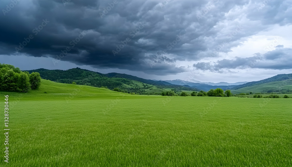 Dramatic storm clouds loom over a vibrant green valley and rolling hills Dramatic storm clouds loom over a vibrant green valley and rolling hills