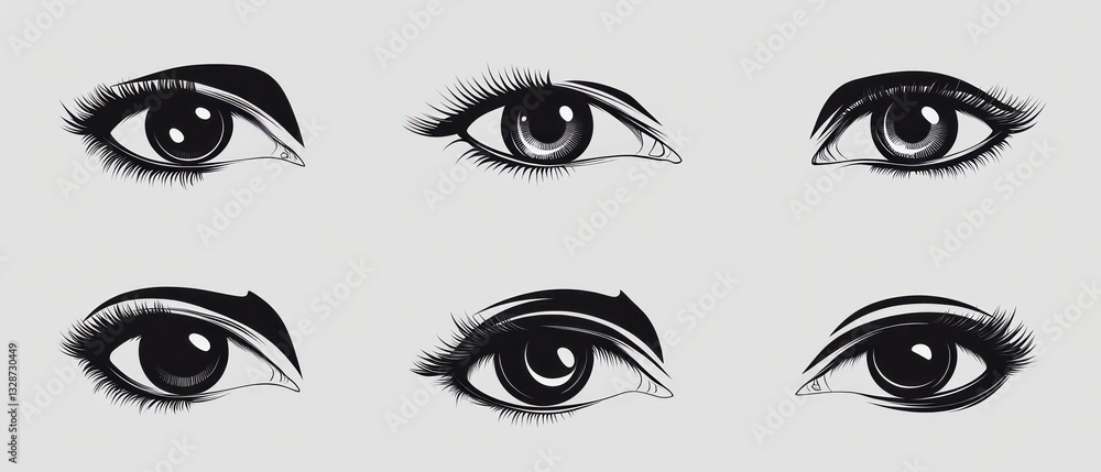 Six detailed illustrations of female eyes with various eyebrow shapes and eyelash styles, in black and white. Six detailed illustrations of female eyes with various eyebrow shapes and eyelash styles, in black and white.