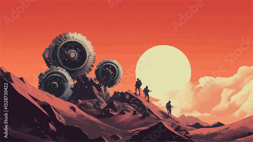The image is a stylized digital painting or illustration depicting a desolate, desert-like landscape under a large, bright sun. The color palette is predominantly warm, with shades of red, orange,