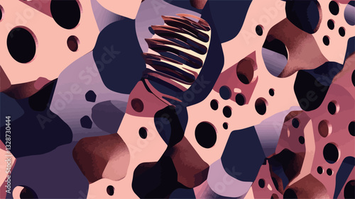 The image presents an abstract composition featuring a multitude of interconnected, irregular shapes.  The forms are predominantly organic in appearance, exhibiting a textured surface.  The color