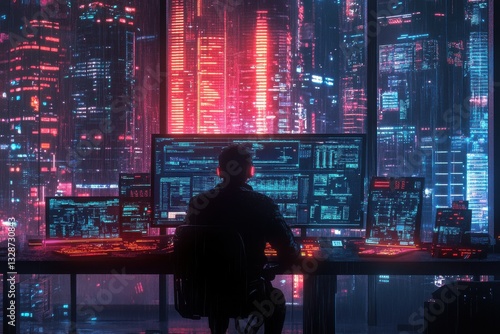 Futuristic Cybersecurity Expert Analyzing Data in a High-Tech Urban Environment at Night