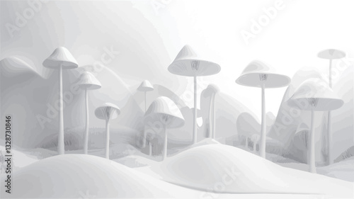 A digital 3D rendering depicting a stylized landscape composed entirely of various shades of white. The scene features multiple mushroom-like forms of varying heights and sizes, set against a