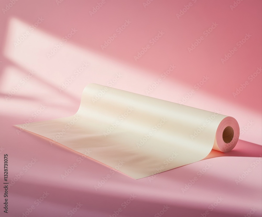 A smooth roll of cream-colored paper lies on a soft pink surface, illuminated by gentle light, creating a serene and minimalistic composition. A smooth roll of cream-colored paper lies on a soft pink surface, illuminated by gentle light, creating a serene and minimalistic composition.