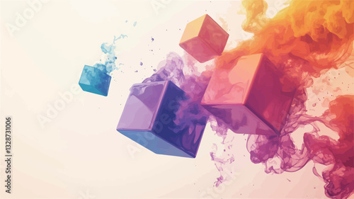 The image depicts several translucent, colorful cubes of varying sizes against a white background. The cubes appear to be partially submerged or interacting with splashes of vibrant, translucent