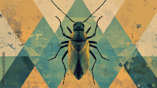 The image is a digital artwork featuring a stylized insect, possibly a beetle, centrally positioned against a background composed of overlapping, textured geometric triangles in shades of yellow,