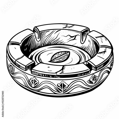 Vintage Ashtray Illustration with Decorative Patterns in Monochrome
