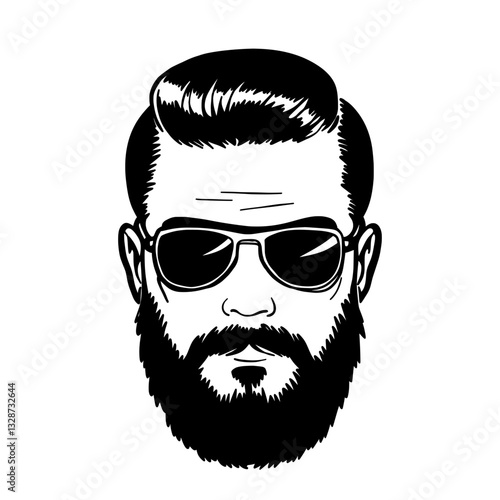 a black and white vector illustration showing a stylized male face with a full beard, mustache, aviator sunglasses, and a neat side-parted hairstyle. 