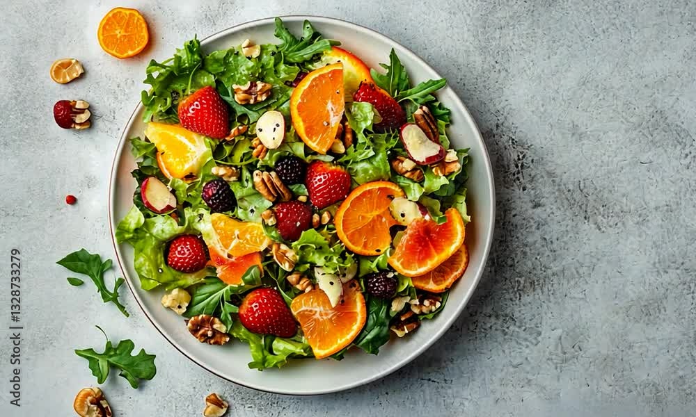 Fresh and vibrant salad featuring mixed greens, strawberries, oranges, and nuts on a textured background Fresh and vibrant salad featuring mixed greens, strawberries, oranges, and nuts on a textured background