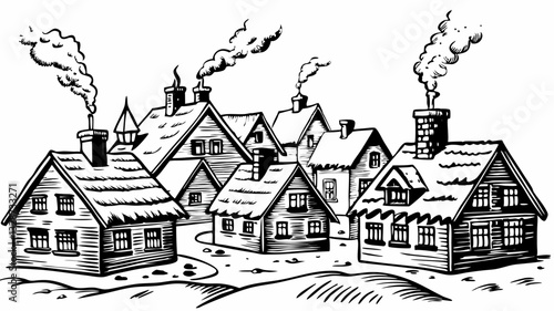Vintage Winter Village Scene with Snowy Roofs and Smoky Chimneys