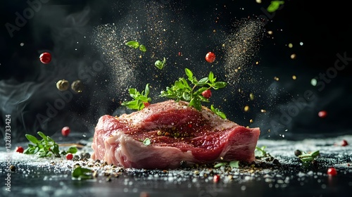 Wallpaper Mural abstract shot of raw meat with floating spices and herbs. Torontodigital.ca