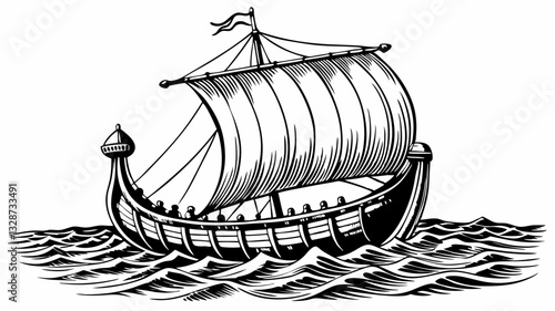 Vintage Viking Ship Illustration with Detailed Sails and Ocean Waves