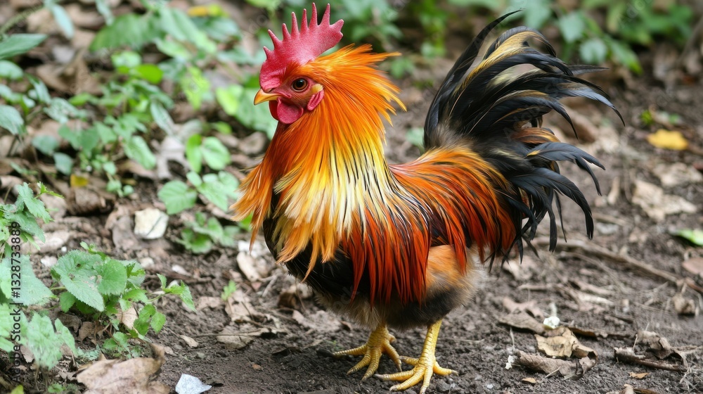 A colorful rooster with vibrant feathers standing in nature A colorful rooster with vibrant feathers standing in nature