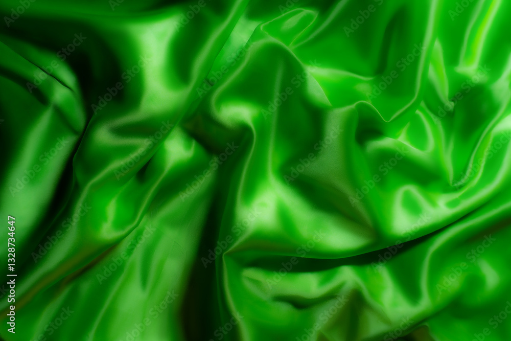 Obraz premium Vibrant green silky fabric with smooth folds and glossy texture. Ideal for luxury fashion, textile design, branding, nature-inspired themes, digital art, and eco-friendly product backgrounds
