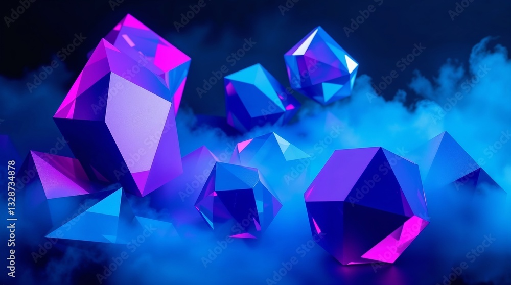Obraz premium Title Blue and purple crystals in a blue fog. This mystical image evokes a sense of tranquility and magic, perfect for fantasy themed designs and backgrounds.