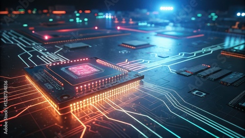 High-Tech CPU on Circuit Board with Glowing Traces