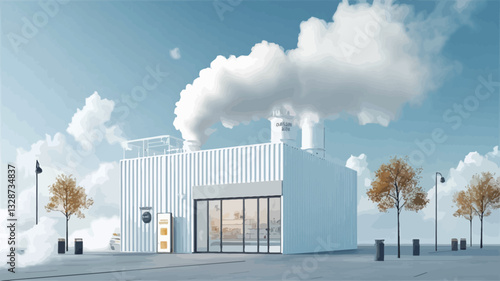 The image shows a digitally rendered, modern, cube-shaped industrial building.  The building is primarily white with large glass storefront.  Two smokestacks emit white smoke or steam into a partly
