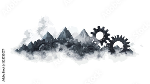 A digital illustration depicting a stylized mountain range rendered in shades of grey and black, resembling metallic or industrial components.  The mountains are partially obscured by stylized