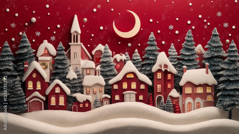 A 3D red and white packaging design featuring Christmas houses and a crescent moon. New Year greeting cards A 3D red and white packaging design featuring Christmas houses and a crescent moon. New Year greeting cards