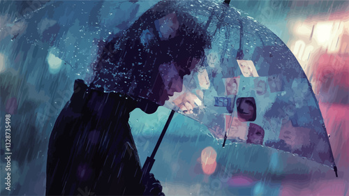 Close-up shot of a person standing under a transparent umbrella in the rain at night. The background is blurred, showing bokeh from city lights. The overall color palette is cool-toned, with blues